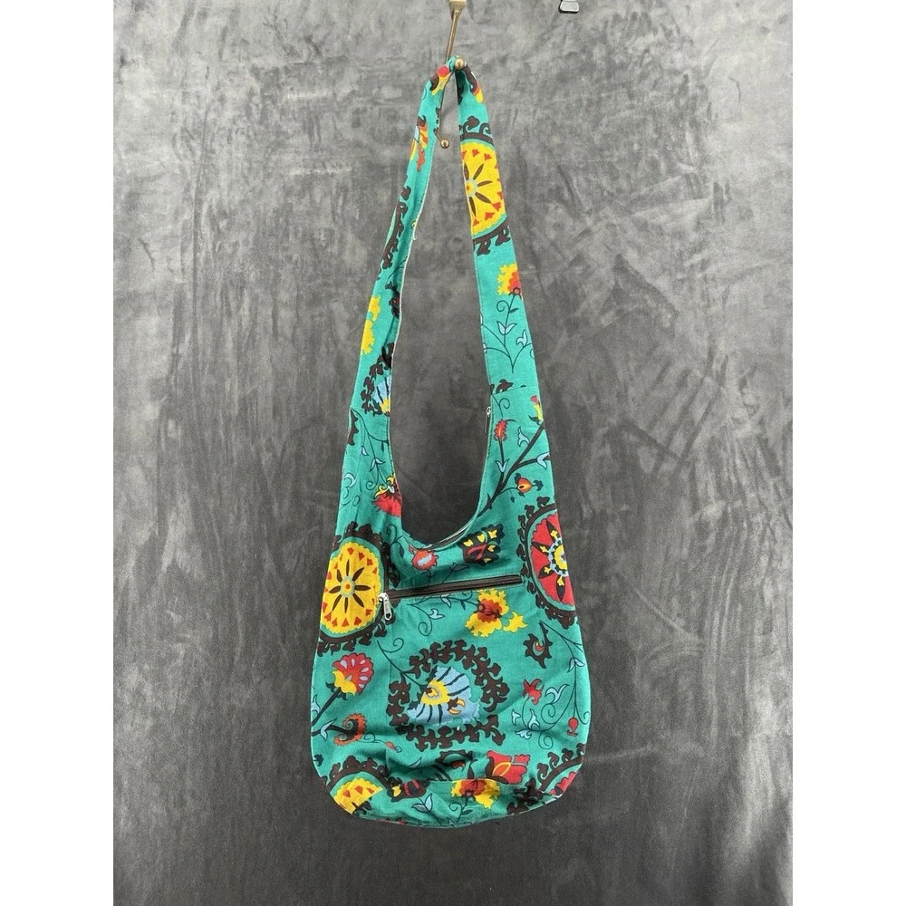 Boho Floral Cotton Sling Crossbody Hobo Bag Teal Hippie Festival Zip Purse